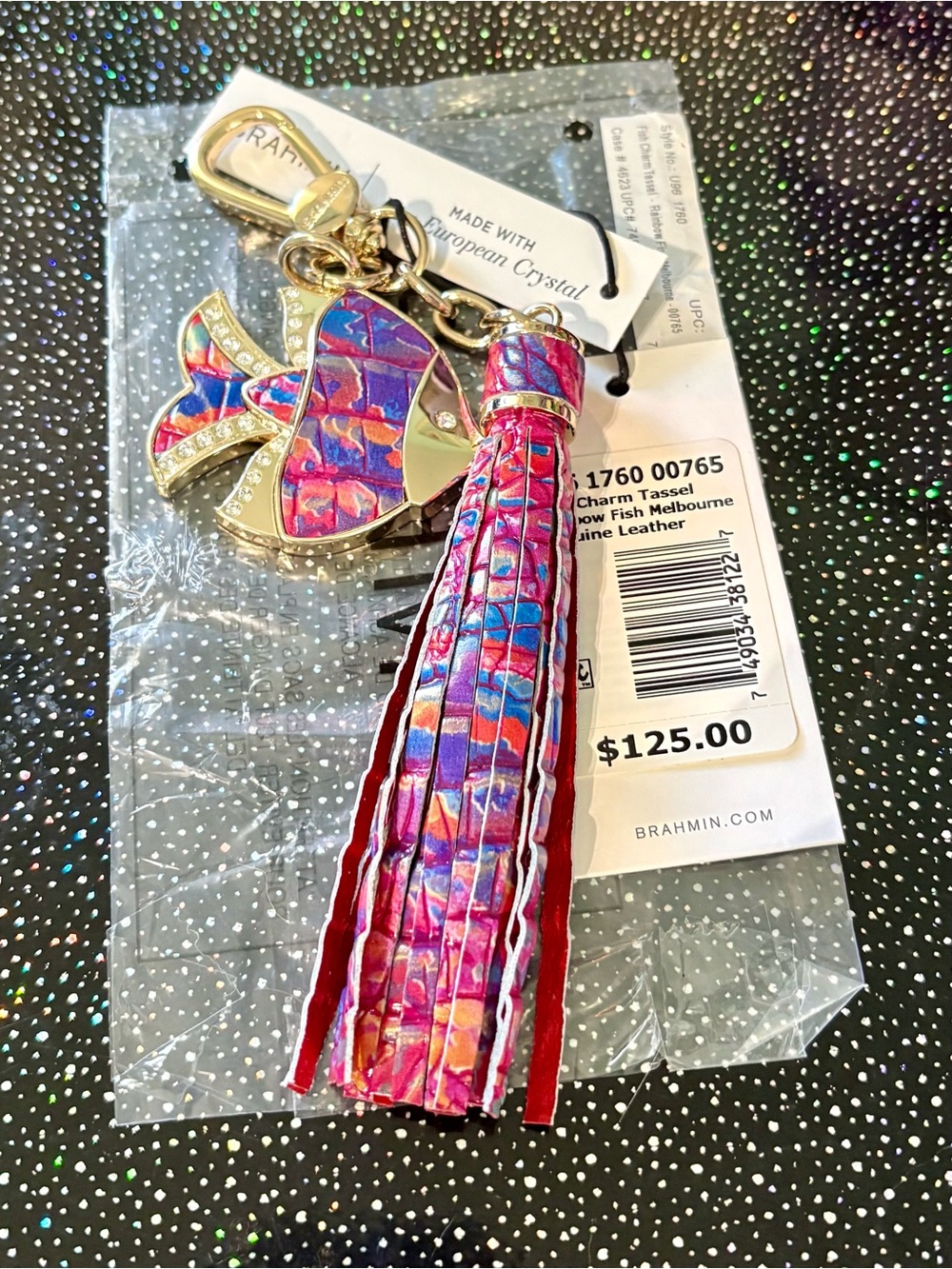 Brahmin Rainbow Fish Multi Leather Tassel Keychain with Fish Charm